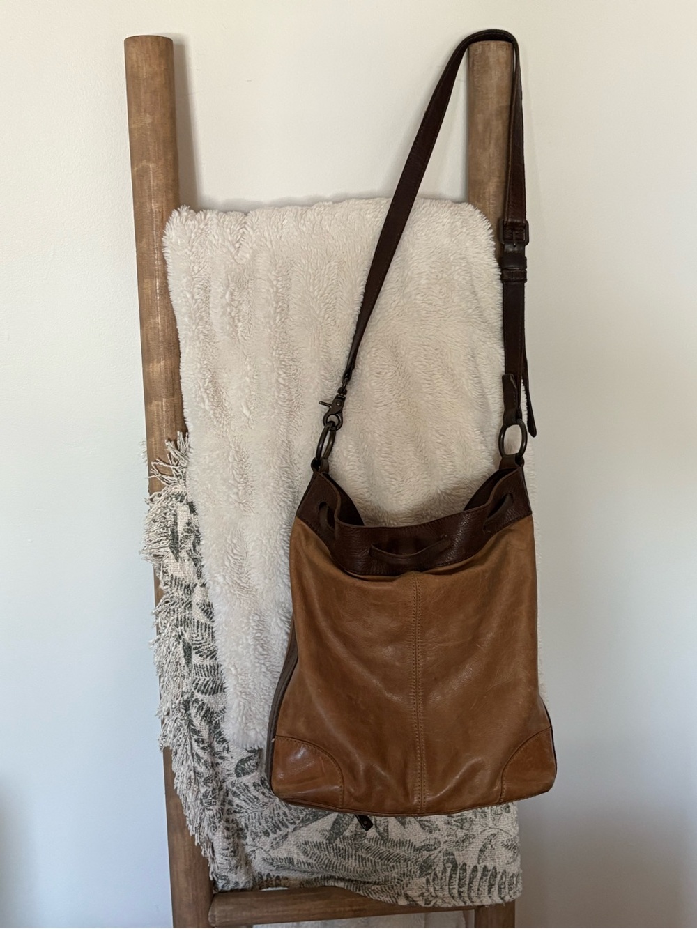 Frye Two-Tone Brown Leather Crossbody Bucket Bag